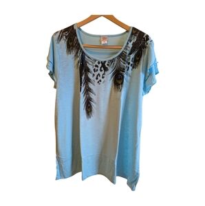 Adrian Delafield Blue Feather Print Women's Top Size 2X NWOT